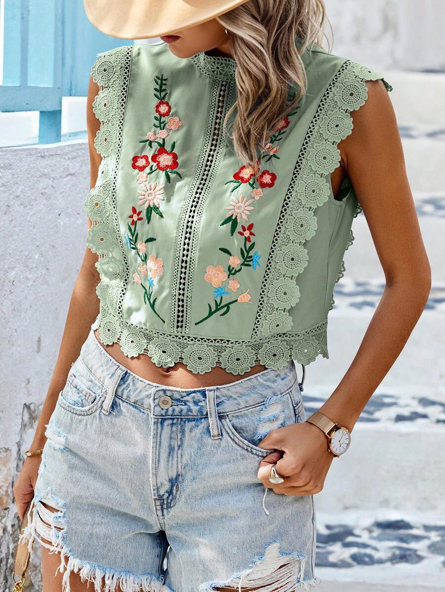 SHEIN LUNE Chemisier en dentelle de guipure avec broderie florale - Vert olive - Voir 1