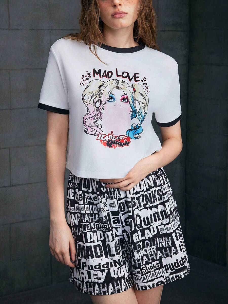 Harley Quinn X SHEIN Ensemble pyjama pour femmes avec T-shirt à imprimé de lettres de personnage de dessin animé et short, été - Noir et Blanc - Voir 1