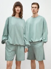 Manfinity INSISELF 2pcs Men's Knit Loose Casual Long-Sleeved Round Neck Pullover Sweatshirt And High-Waisted Straight Shorts Set, Suitable For Daily Wear