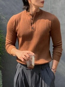 DAZY 男士純色極簡風格日常秋季毛衣 - 咖啡棕 - 查看 5