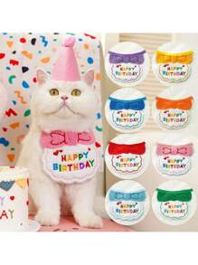PETSIN 1 pieza Set de decoración de cumpleaños de mascotas bordado exquisita (sombrero de mascota + babero de mascota), accesorios de fiesta de cumpleaños de perro, lindo pañuelo bordado - Amarillo - Ver 4