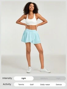 GLOWMODE FeatherFit™-Air褶皺中腰裙配內置防滑側口袋短褲，低強度日常夏季運動 - 水藍色 - 查看 5