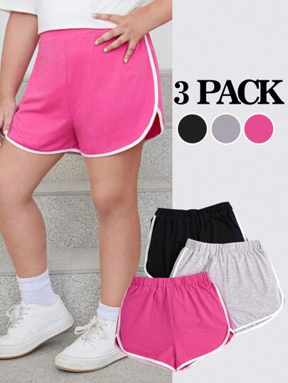 SHEIN 3-pack Basic Casual Knit Color Block Sportsshorts för Tween Girls Extended Storlek, vår/sommar