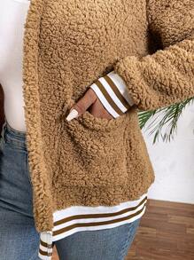 SHEIN LUNE Plus Size Women Christmas Plush, Casual Khaki Solid Color Zipper Front Long Sleeve Ribbed Splice Pocket Hooded Jacket, Christmas, Halloween, New Year, Autumn/Winter Lady Wear - Khaki - View 3