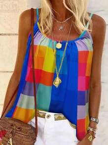 SHEIN LUNE 女士五彩格紋印花背心上衣 - 彩色 - 查看 1