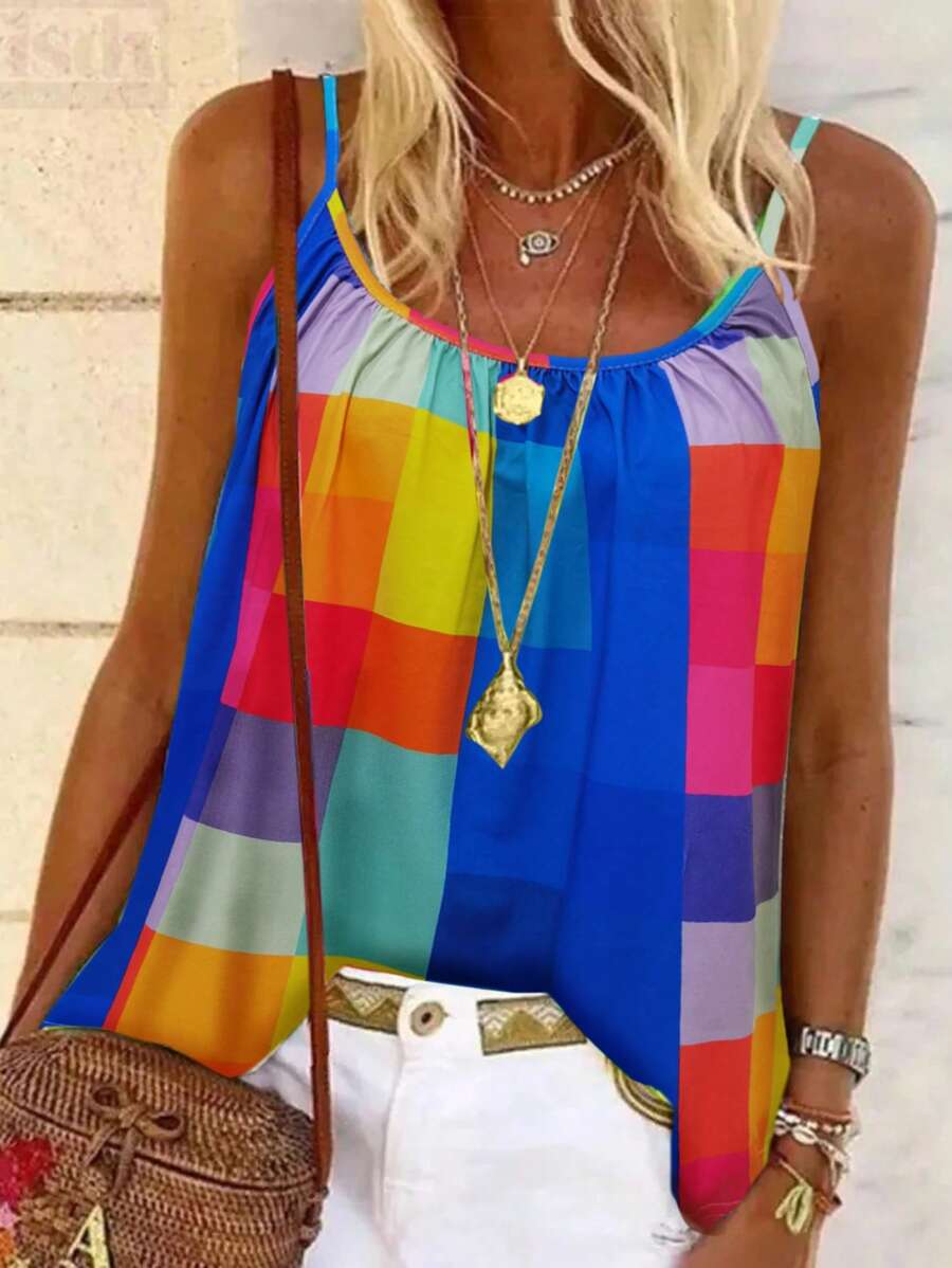 SHEIN LUNE 女士五彩格紋印花背心上衣 - 彩色 - 查看 1