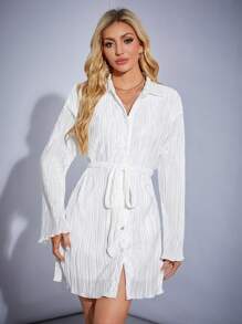 SHEIN Tall Đầm dài tay màu trơn có thắt lưng dành cho nữ, mùa hè - trắng - Xem 5