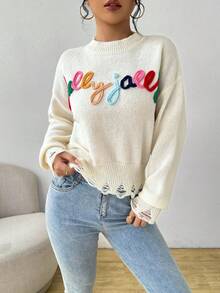 Chiquease 字母刺绣落肩毛衣，长袖上衣