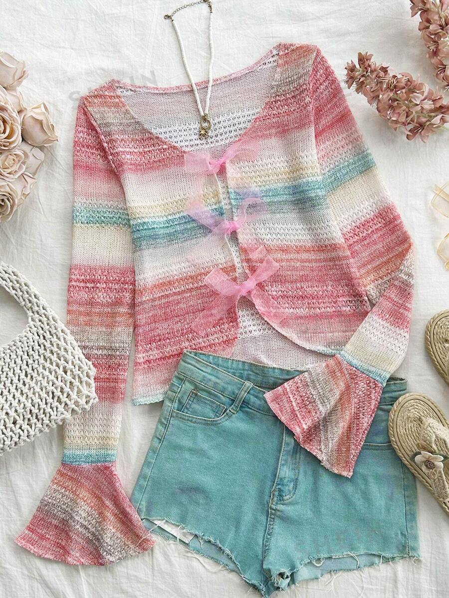 Soleia Camiseta romántica de manga larga con campana, ajuste delgado, corbata de mariposa de textura degradada tejida a mano, en varios colores para vacaciones casuales