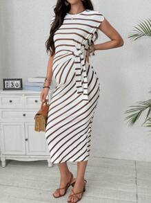 SHEIN Pregnant Women's Round Neck Striped Printed Knot Summer Casual Dress For Maternity - Coffee - View 5