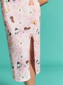 SHEINNeu 7 月 4 日女士、飘逸、塑身衣、秋季、白兰地、青少年服装、性感派对礼服、长裙、休闲、太阳裙、小狗、可爱、粉色、可爱印花