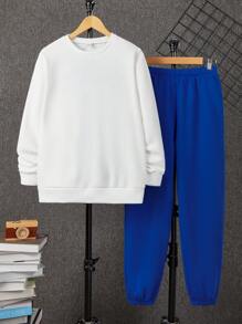SHEIN 2 件套青少年男童休闲宽松背印图案圆领运动衫和抽绳羊毛加厚运动裤套装 - 彩色 - 查看 6