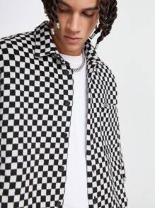 Manfinity VCAY Men's Loose Long Sleeve Plaid Shacket, Black And White Color Block Preppy Plaid Shacket