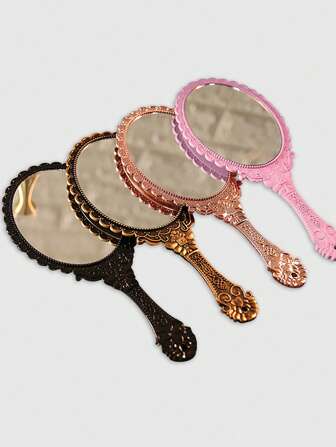 Cadeau gratuit Miroir de maquillage à main rond à poignée rétro européenne (couleur aléatoire)