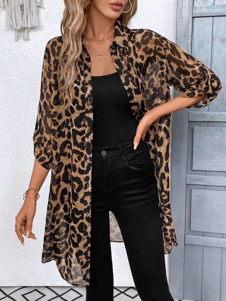 SHEIN Clasi 女士日常優雅可調節豹紋長袖開衫長襯衫 - 彩色 - 查看 1