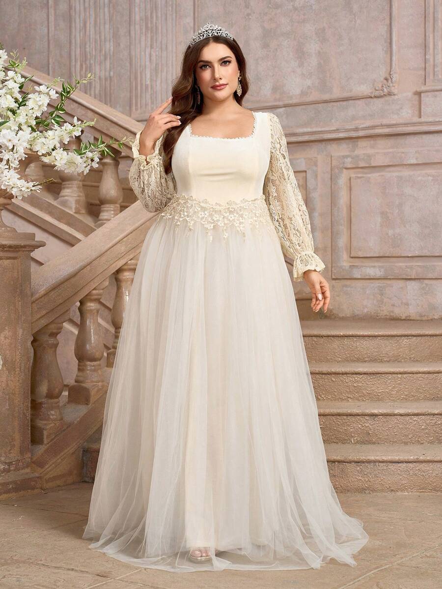 SHEIN Belle Vestido de novia elegante de manga larga y talla grande con encaje y malla de contraste - Beis - Ver 1