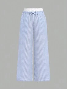SHEIN Tween Girl Comfortable Simple Loose Fit Wide-Leg Pants With Contrast Color Trim, Mid-Waist