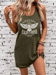 SHEIN LUNE 夏季休閒鷹印字無袖連衣裙 - 軍綠色 - 查看 1