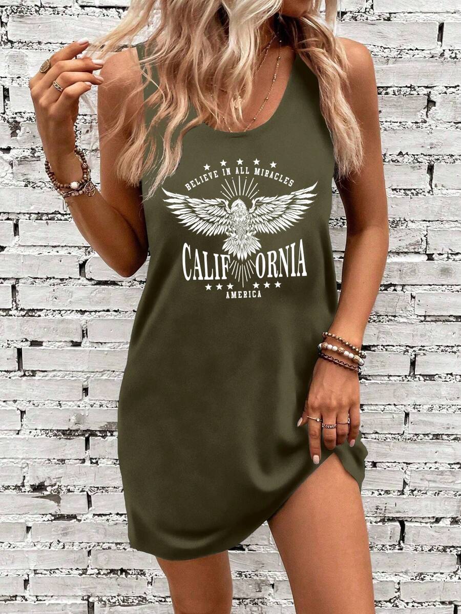 SHEIN LUNE 夏季休閒鷹印字無袖連衣裙 - 軍綠色 - 查看 1