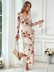 Firerie Women's Romantic Floral Printed Long Sleeve Dress, With Ruffle Hem,Long Flared Sleeve Dress,Fishtail Hem Long Dress,Fall Dresses,Homecoming Dresses,Boho Dress,Elegant Dress For Daily, Commuting, Holiday, Party, Dating