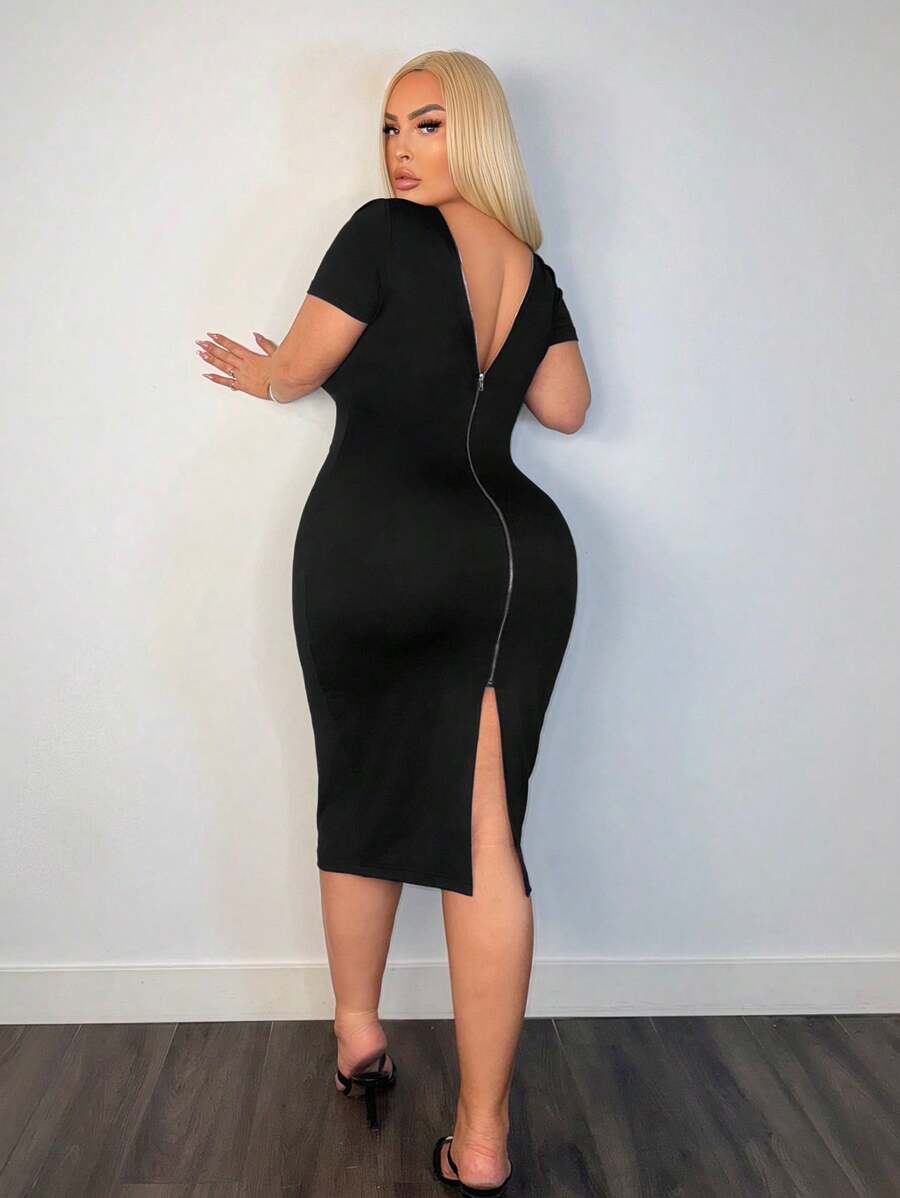 SHEIN SXY 開槽裙擺拉鍊無背貼身連身裙 - 黑色 - 查看 1