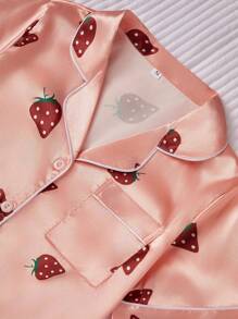 3pcs Women's Contrast Trimmed Imitation Silk Strawberry Printed Pajama Set - Coral Orange - View 4