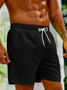 ZELFYO 男士抽绳腰纯色宽松休闲沙滩短裤男士沙滩装男士沙滩装男士游泳短裤长滩装男士 - 黑色 - 查看 7