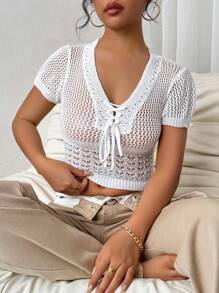 SHEIN Unity Lace Up Front Crop Pointelle Knit Top - White - View 6