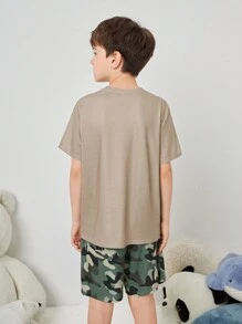 SHEIN Tween Boy's Loose-Fit Casual Knit Flame-Retardant Home Wear, 2pcs/Set, Summer - Khaki - View 2