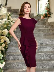 MIUSOL Einfarbiges Cocktailkleid mit asymmetrischen Rüschenärmeln, elegantes halbbadiges Sommerkleid für Frauen - Bordeaux - Übersicht 6
