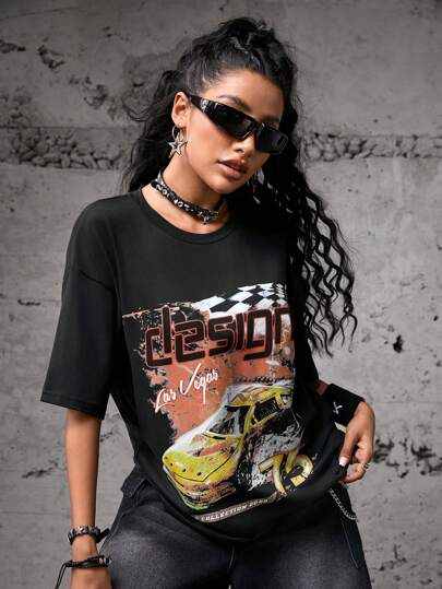 Streetz SHEIN Sport เสื้อยืดกีฬาไหล่ตกลายรถยนต์และตัวอักษร