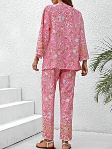 SHEIN LUNE 女士花卉印花开衫和裤子套装 - 粉色 - 查看 2