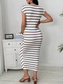 SHEIN Pregnant Women's Round Neck Striped Printed Knot Summer Casual Dress For Maternity - Coffee - View 2