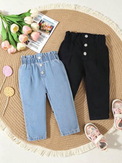 SHEIN 女婴两件套纸袋腰纽扣牛仔裤，时尚秋冬款