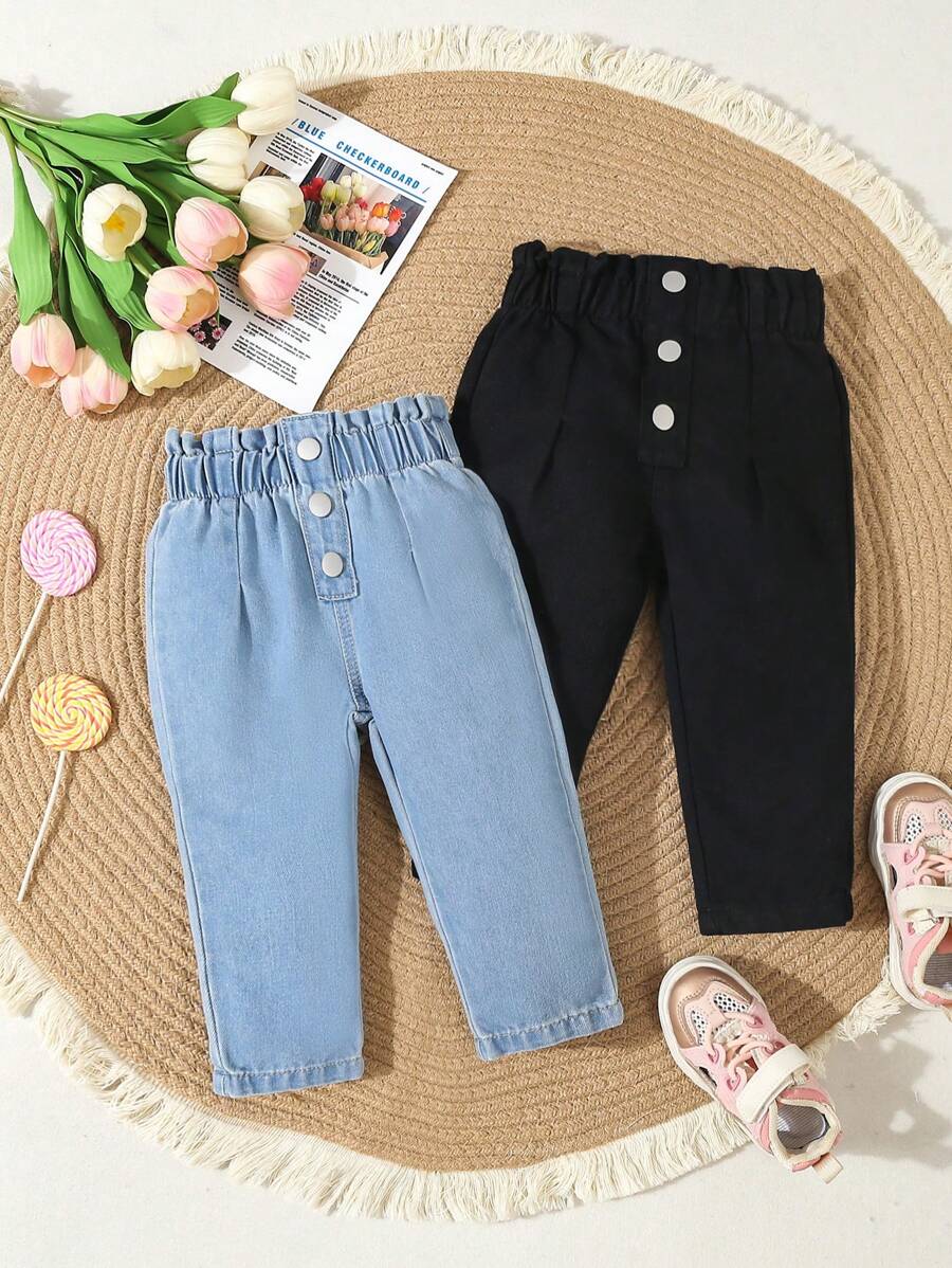 SHEIN 女婴两件套纸袋腰纽扣牛仔裤，时尚秋冬款 - 彩色 - 查看 1