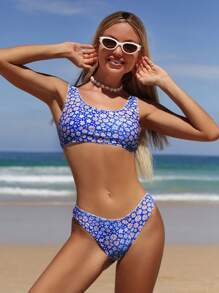 Women's Summer Beach Daisy Printed  Bikini Set - Blue - View 4