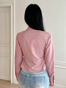 DAZY 純色交叉前系腰長袖女襯衫 - 粉色 - 查看 2