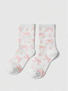 ROMWE Kawaii 1對可愛粉色蝴蝶結星星圖案白色中筒襪