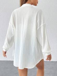 SHEIN PETITE Shirts White Casual Drop Shoulder Button Front Beach Shirt - White - View 2