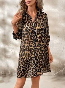 SHEIN Clasi 女士日常優雅可調節豹紋長袖開衫長襯衫 - 彩色 - 查看 4