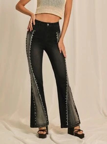 SHEINNeu女款燈笼褲珍珠裝飾拼接燈笼褲，附口袋和削破邊