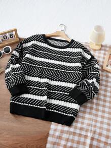 Flirla 黑白条纹落肩针织套头衫，适合日常穿着，秋冬季款 - 黑與白 - 查看 1