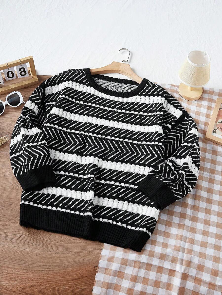 Flirla 黑白条纹落肩针织套头衫，适合日常穿着，秋冬季款 - 黑與白 - 查看 1