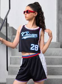SHEIN 少女編織彩色區塊字母印花背心和短褲，休閒運動兩件套組 - 黑色 - 查看 1