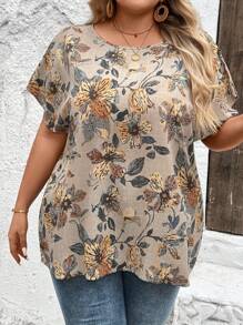 SHEIN CURVE+ Plus Size Women's Floral Printed Batwing Sleeve Country Shirts For Summer