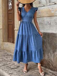 SHEIN Clasi Vestido largo con efecto de mezclilla, escote en V y mangas acampanadas clásicas - Azul - Ver 4
