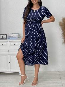 SHEIN Pregnant Women's Polka Dot Print Simple Daily Short Sleeve Dress For Maternity - Navy Blue - View 4