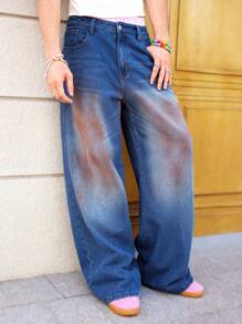Manfinity EMRG Y2K Men's Vintage Dark Blue Washed Denim Casual Ultra Wide-Leg Flared Baggy Jeans