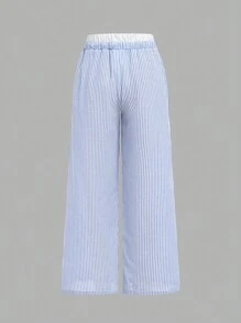 SHEIN Tween Girl Comfortable Simple Loose Fit Wide-Leg Pants With Contrast Color Trim, Mid-Waist