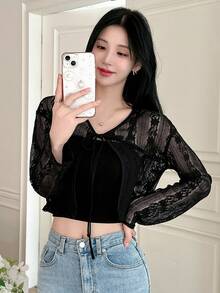 Dazy Designer 女款露肩長袖透視上衣，前綁帶和短版設計 - 黑色 - 查看 4